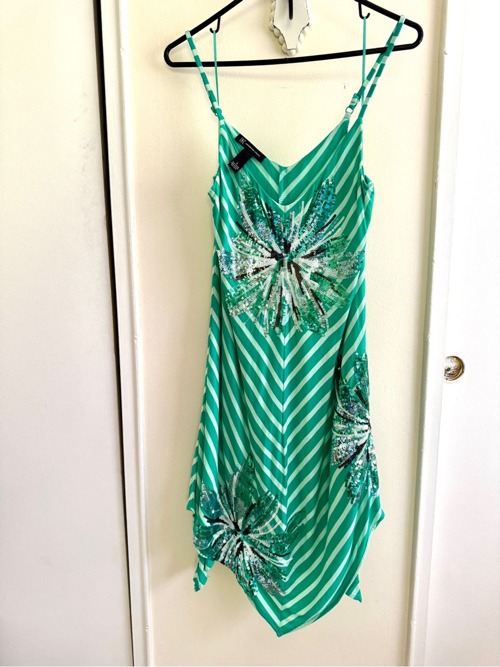 INC Summer Dress 👗 Pool Party Striped Asymmetrical Slip Dress with Sequin Flora
